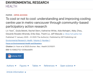 NEW PUB FROM EDGES MEMBER RACHEL STERN: TO COOL OR NOT TO COOL: UNDERSTANDING AND IMPROVING COOLING CENTRE USE IN METRO VANCOUVER THROUGH COMMUNITY-BASED PARTICIPATORY ACTION RESEARCH